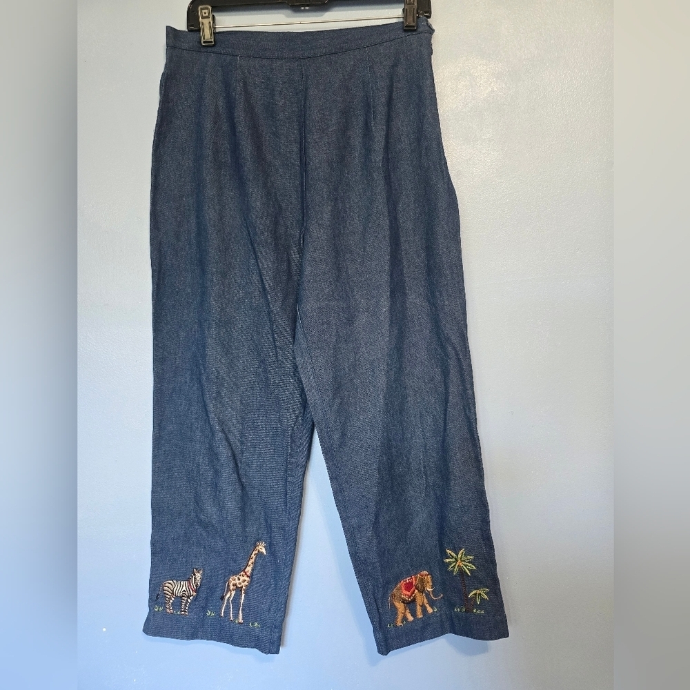 Anne Carson Embroidered Animals Chambray Pants Size 8 Blue